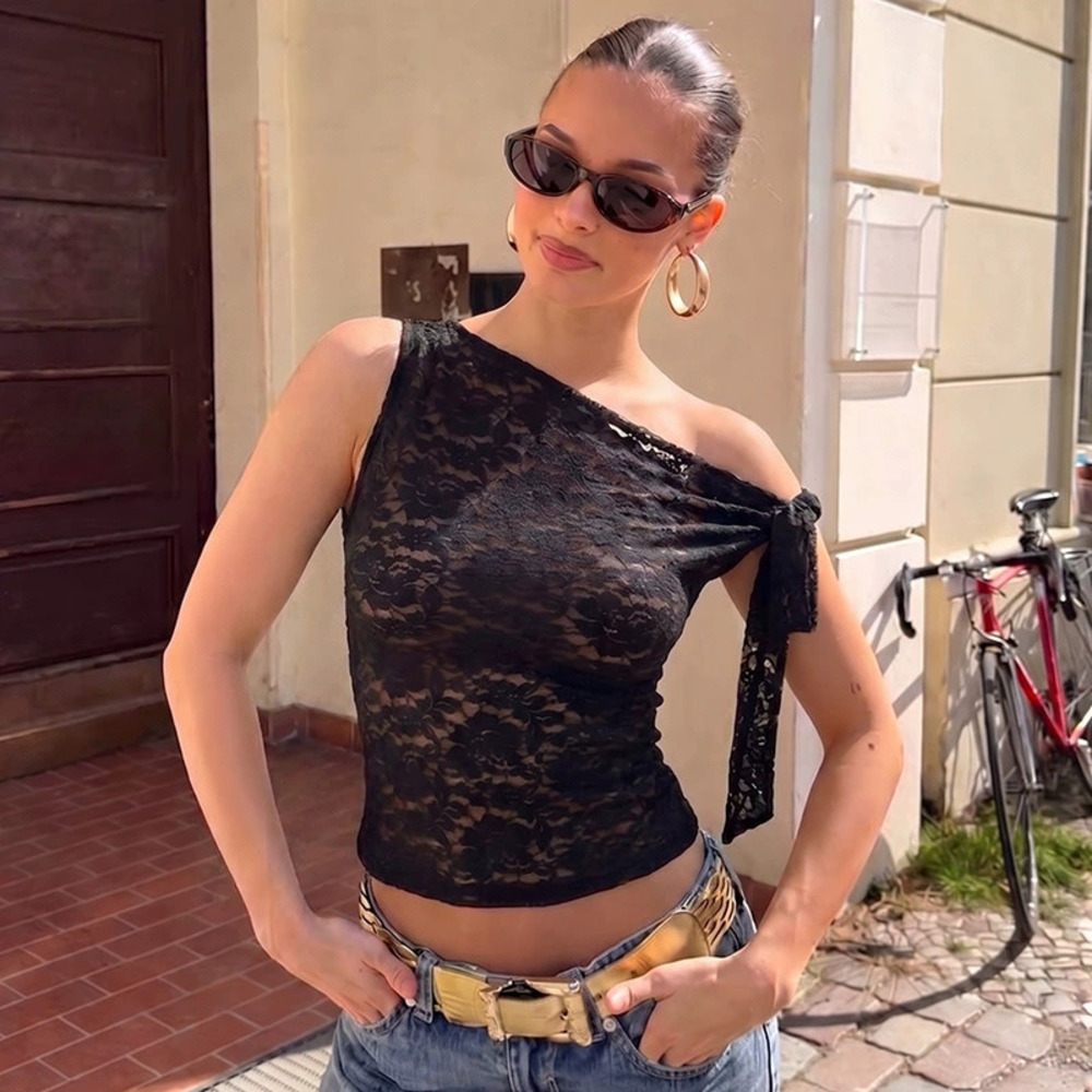 Zara Summer Lace One Shoulder Tie Mesh Slim Fit Short Sleeve Top